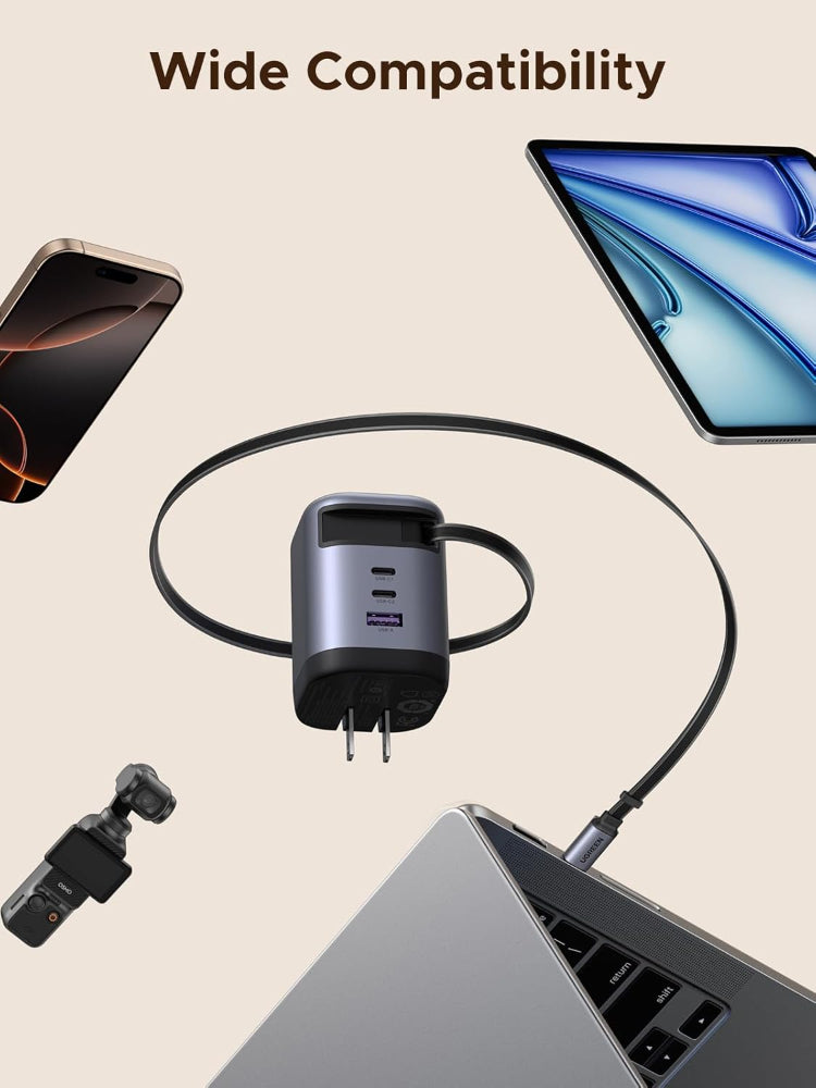UGREEN Nexode 100W GaN USB C Retractable Charger with Built-in Cable, 3-Port Fast Charging