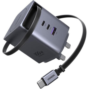 UGREEN Nexode 100W GaN USB C Retractable Charger with Built-in Cable, 3-Port Fast Charging