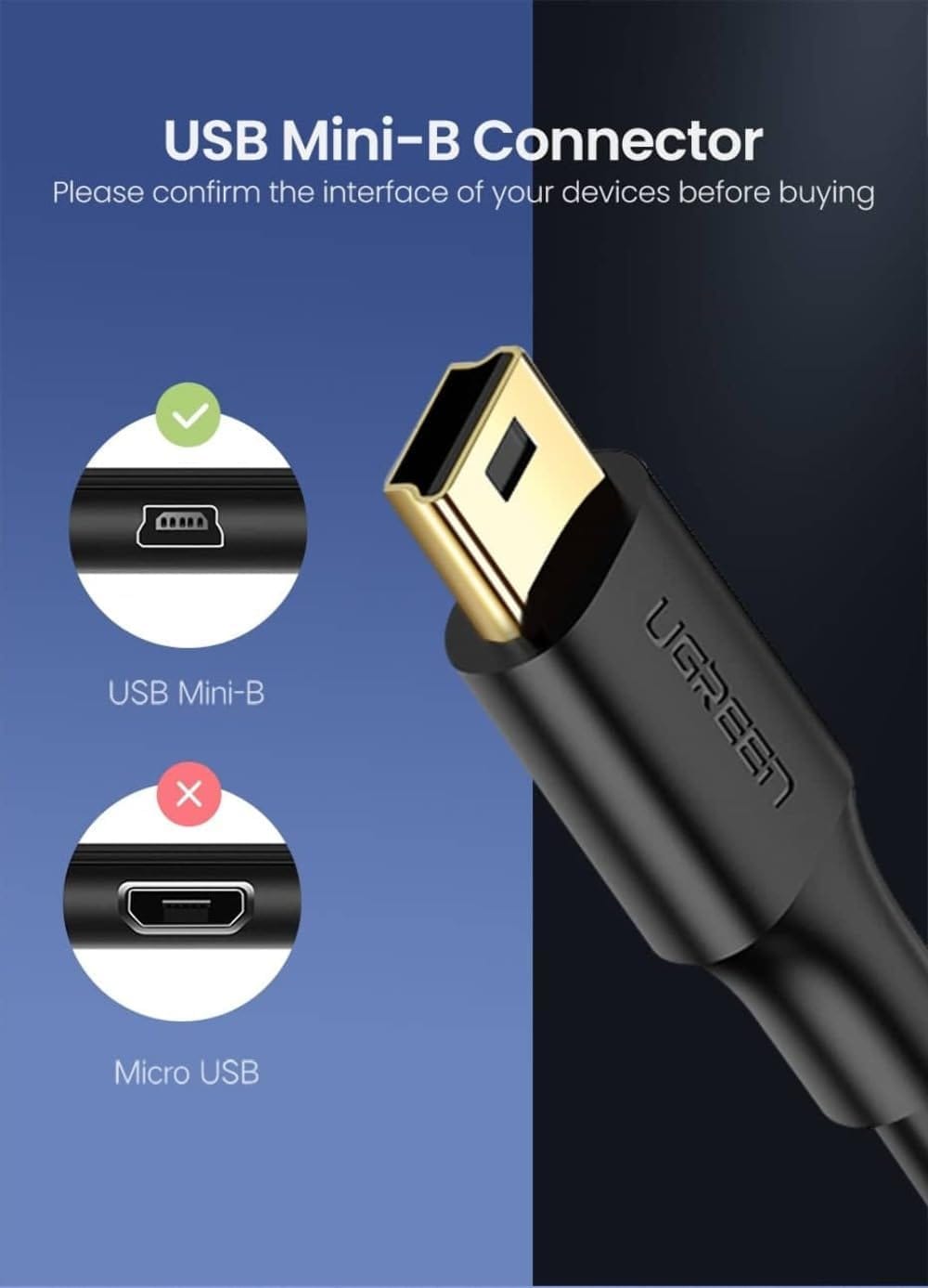 UGREEN 10353 USB-A to Mini-USB Cable 0.8 ft Black