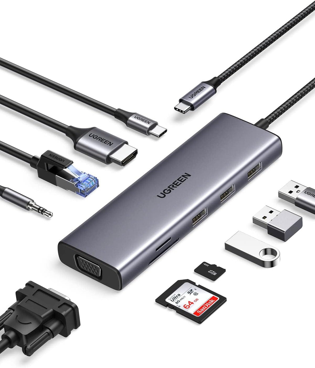 UGREEN CM498 15601 USB-C 10-in-1 Docking Station with 4K HDMI VGA Ethernet 100W PD SD/TF Card Reader