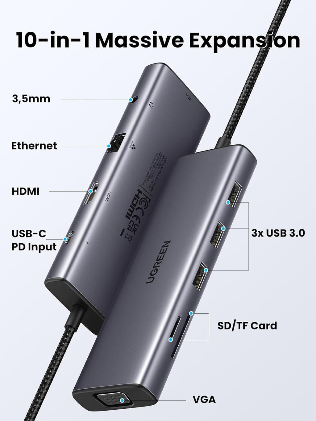 UGREEN CM498 15601 USB-C 10-in-1 Docking Station with 4K HDMI VGA Ethernet 100W PD SD/TF Card Reader