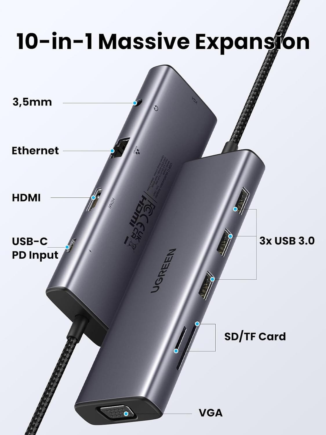 UGREEN CM498 15601 USB-C 10-in-1 Docking Station with 4K HDMI VGA Ethernet 100W PD SD/TF Card Reader