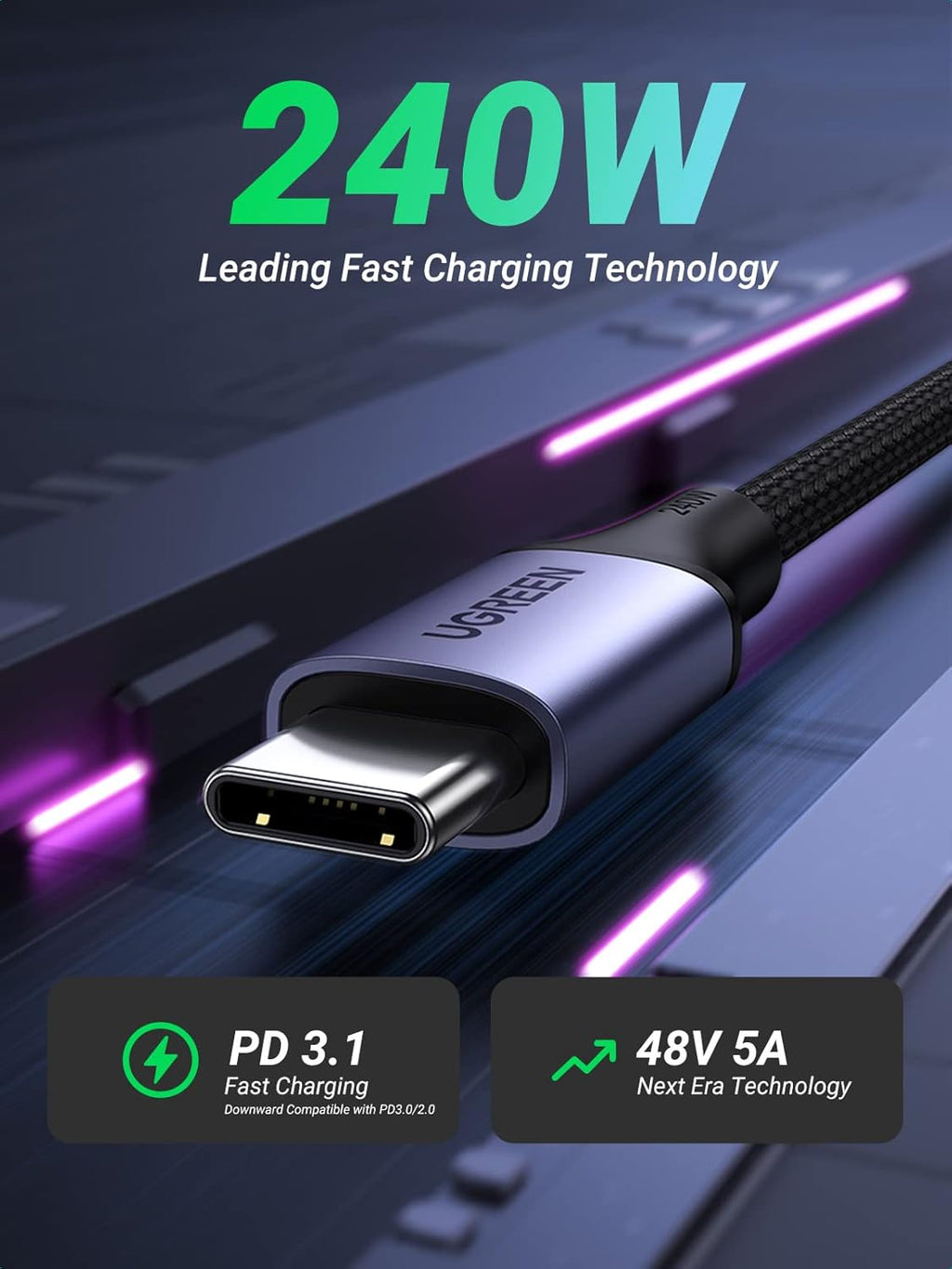 UGREEN US535 240W USB-C to USB-C Fast Charging Cable 6.6 ft Space Gray 90440
