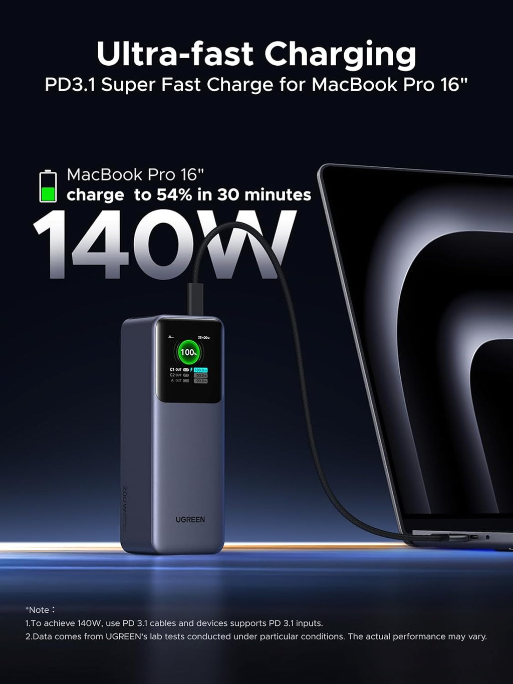 UGREEN Nexode PB726 35552B 25000mAh 200W PD 3.1 Portable Laptop Power Bank with TFT Display