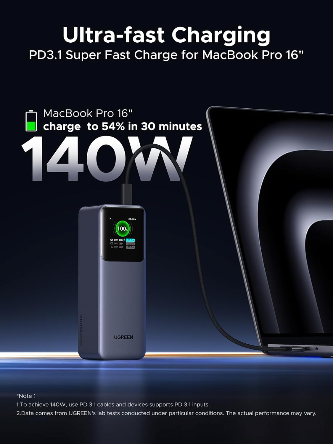 UGREEN Nexode PB726 35552B 25000mAh 200W PD 3.1 Portable Laptop Power Bank with TFT Display