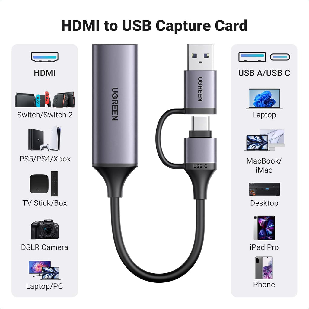 UGREEN CM716 25854 Full HD 1080P 60FPS Capture Card HDMI to USB A/Type C 4K Video Capture Card for Streaming