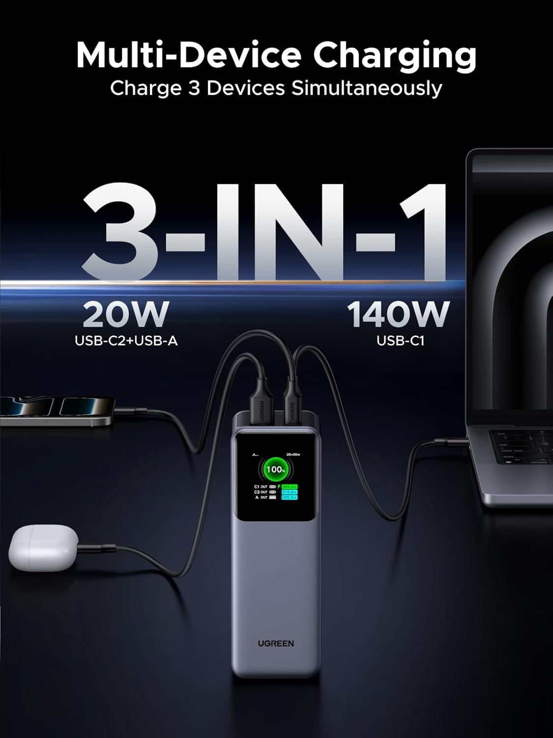 UGREEN Nexode PB726 35552B 25000mAh 200W PD 3.1 Portable Laptop Power Bank with TFT Display