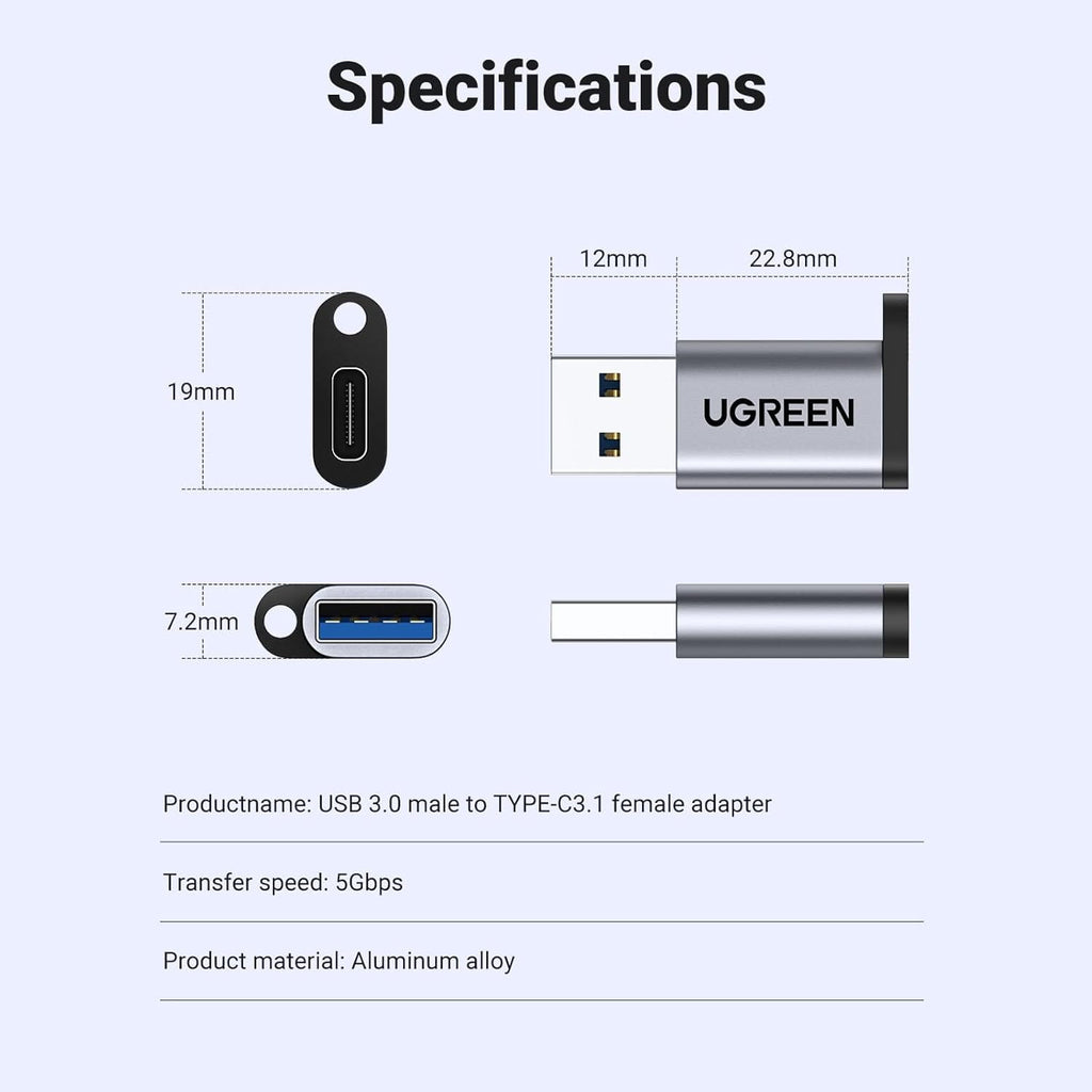 UGREEN US276 50533 USB A to USB C Adapter 10Gbps Gray