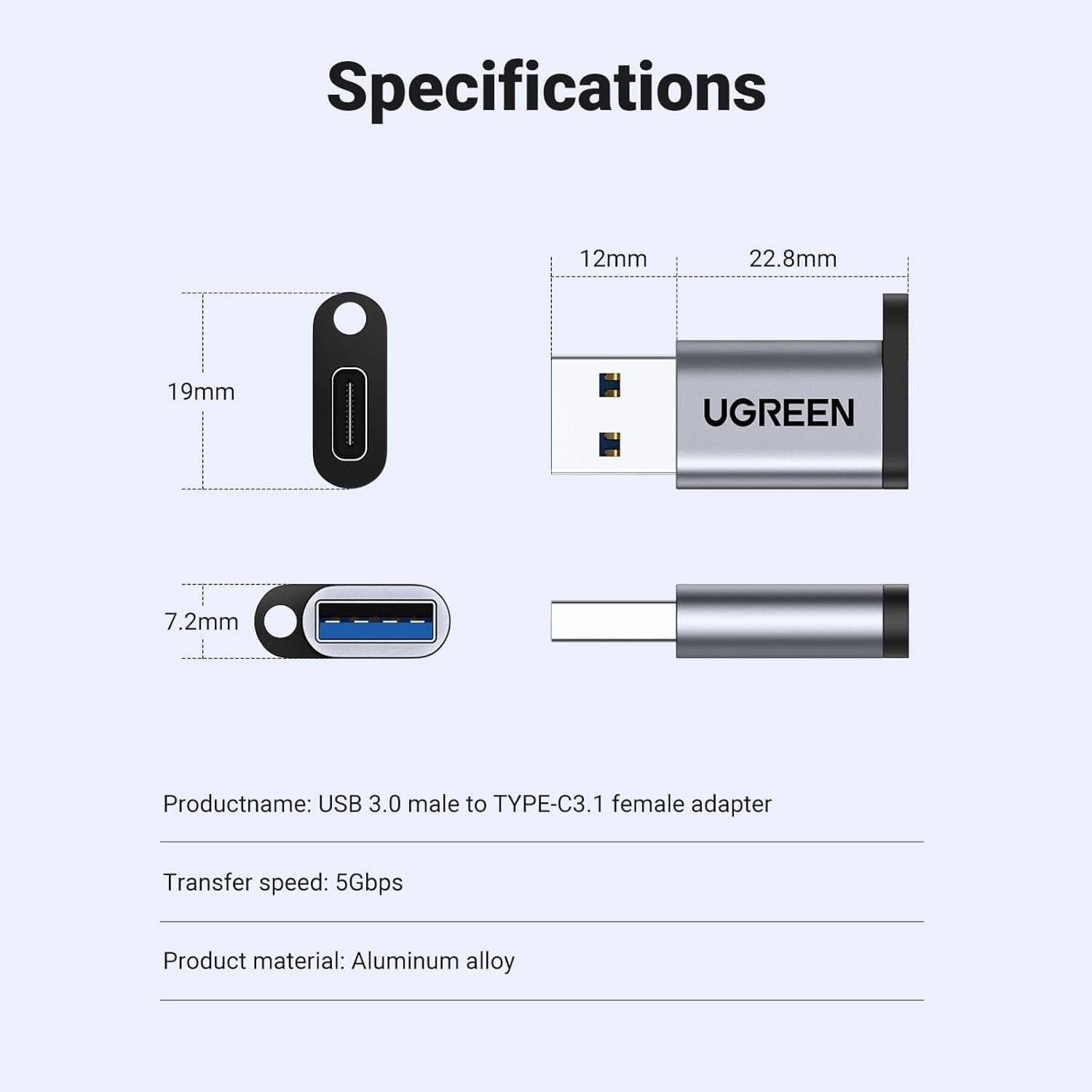 UGREEN US276 50533 USB A to USB C Adapter 10Gbps Gray