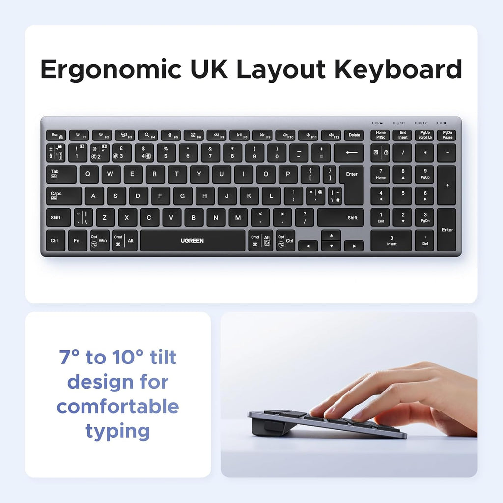 UGREEN 5814 Wireless Bluetooth Keyboard Rechargeable Ergonomic BT5.4 & 2.4GHz Dual Mode