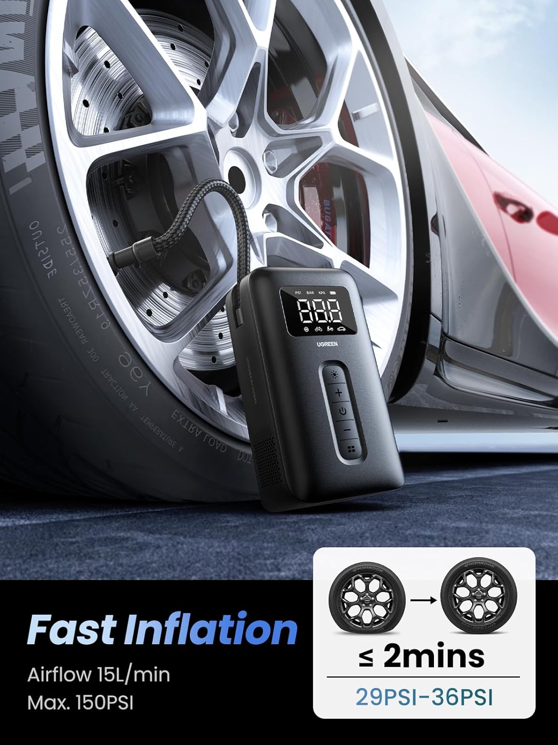 UGREEN CD259 40121 Cordless Portable Tire Inflator 150 PSI Auto-Off Air Pump with LED Light
