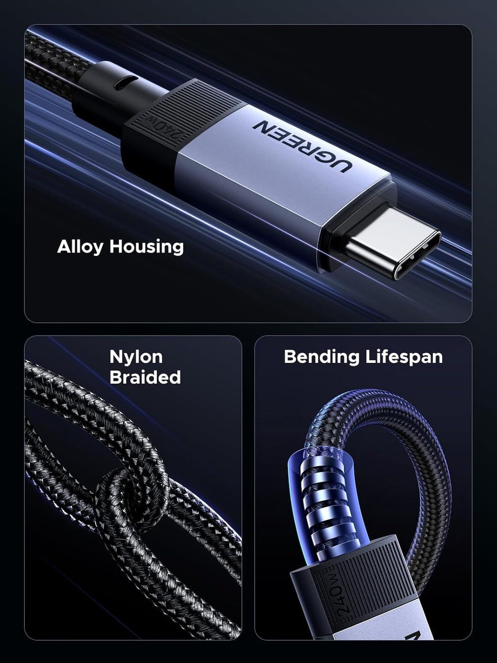UGREEN 240W USB-C to USB-C Cable Gen2 10Gbps 4K 60Hz Fast Charging Braided 6.6 ft
