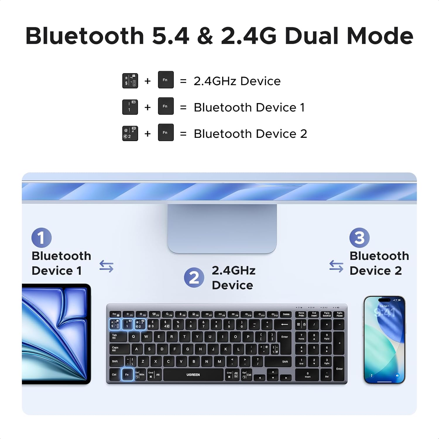 UGREEN 5814 Wireless Bluetooth Keyboard Rechargeable Ergonomic BT5.4 & 2.4GHz Dual Mode