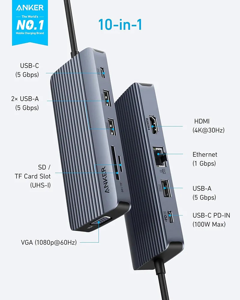 Anker USB-C Hub 10-in-1 Dual Display A83C2HA1 Gray