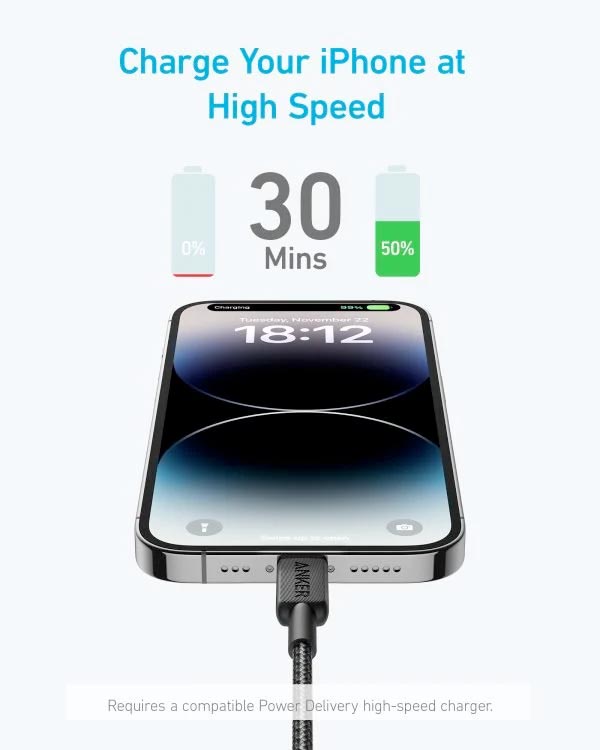 Anker 322 USB-C to Lightning Cable 6ft Nylon Braided A81B6H11 Black