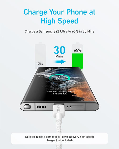 Anker 322 USB-C to USB-C 60W Cable (3ft) Nylon Braided A81F5H21 White