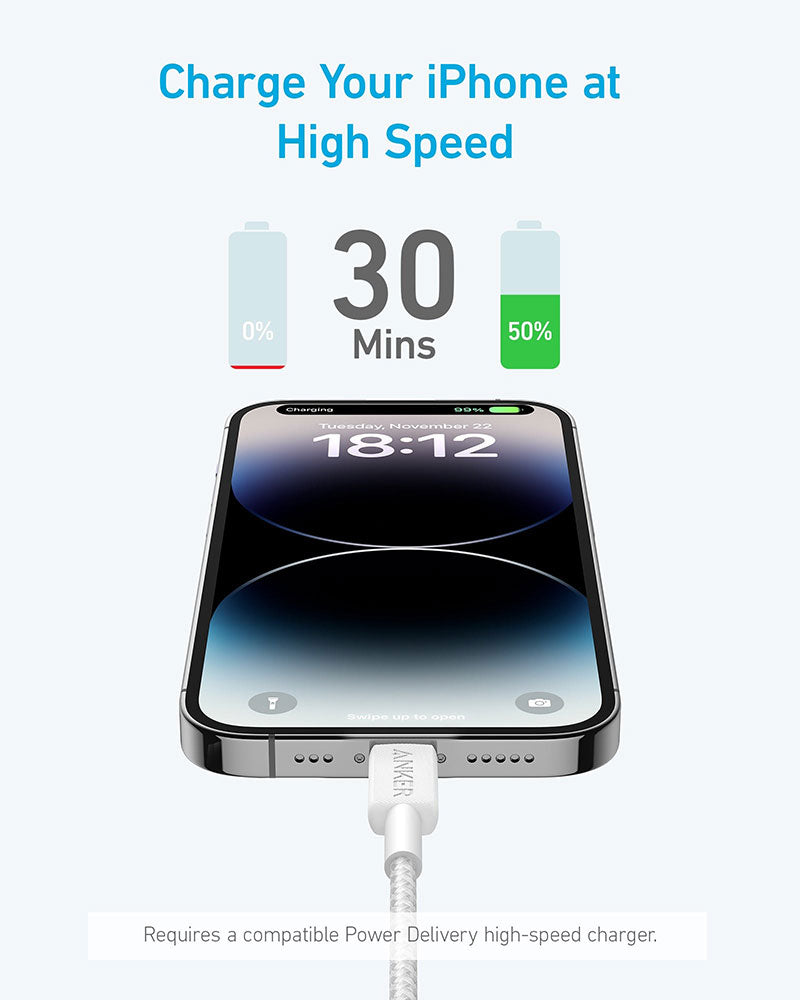Anker 322 USB-C to Lightning Cable 3ft Nylon Braided A81B5H21 White