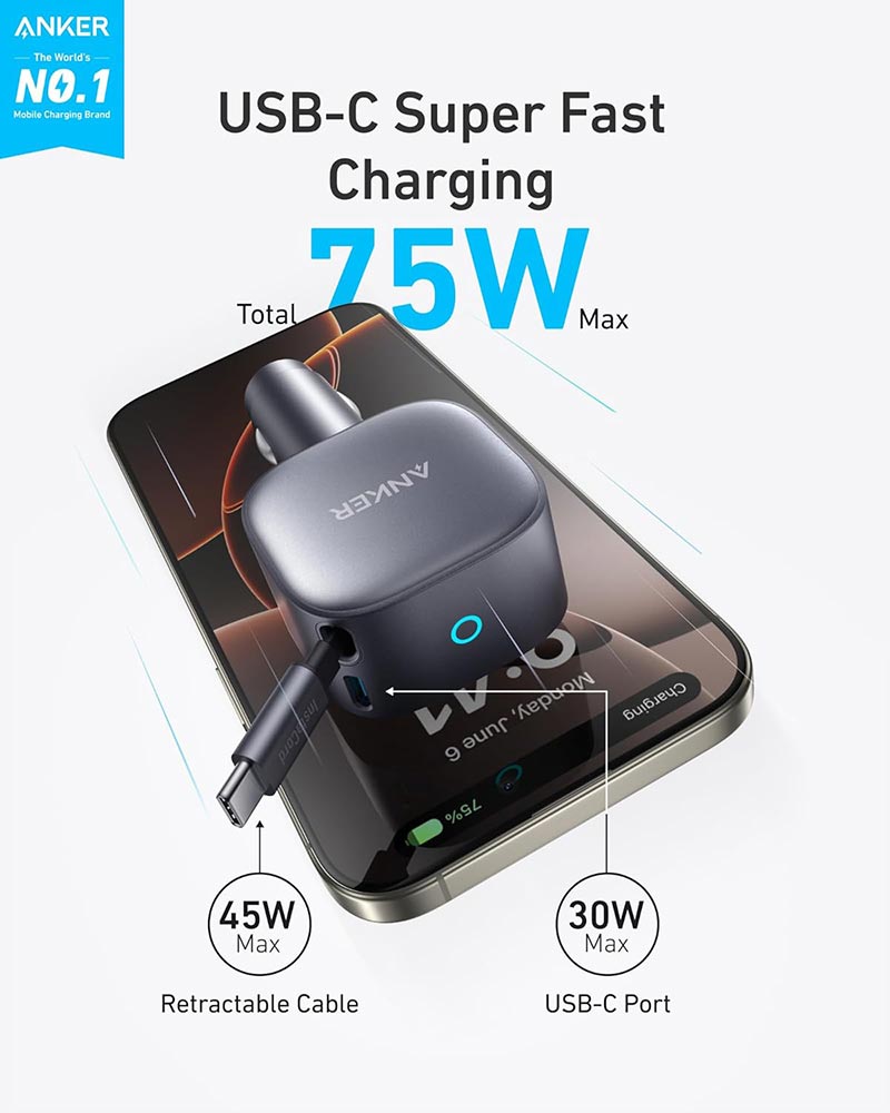 Anker Nano 75W Car Charger with Retractable USB-C Cable A2738HA2 Black