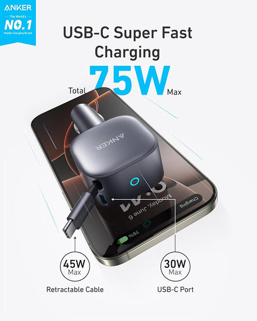 Anker Nano 75W Car Charger with Retractable USB-C Cable A2738HA2 Black