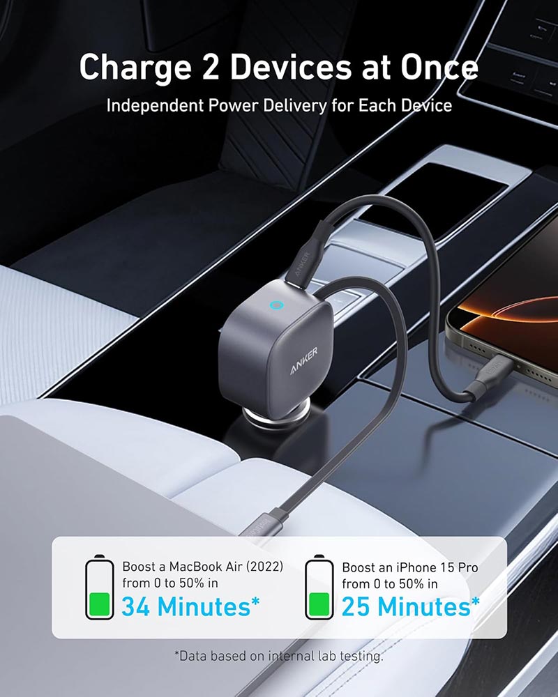Anker Nano 75W Car Charger with Retractable USB-C Cable A2738HA2 Black