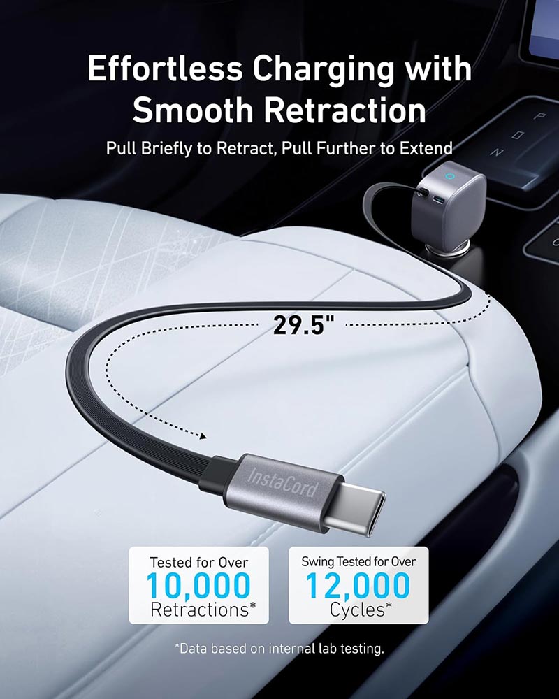 Anker Nano 75W Car Charger with Retractable USB-C Cable A2738HA2 Black