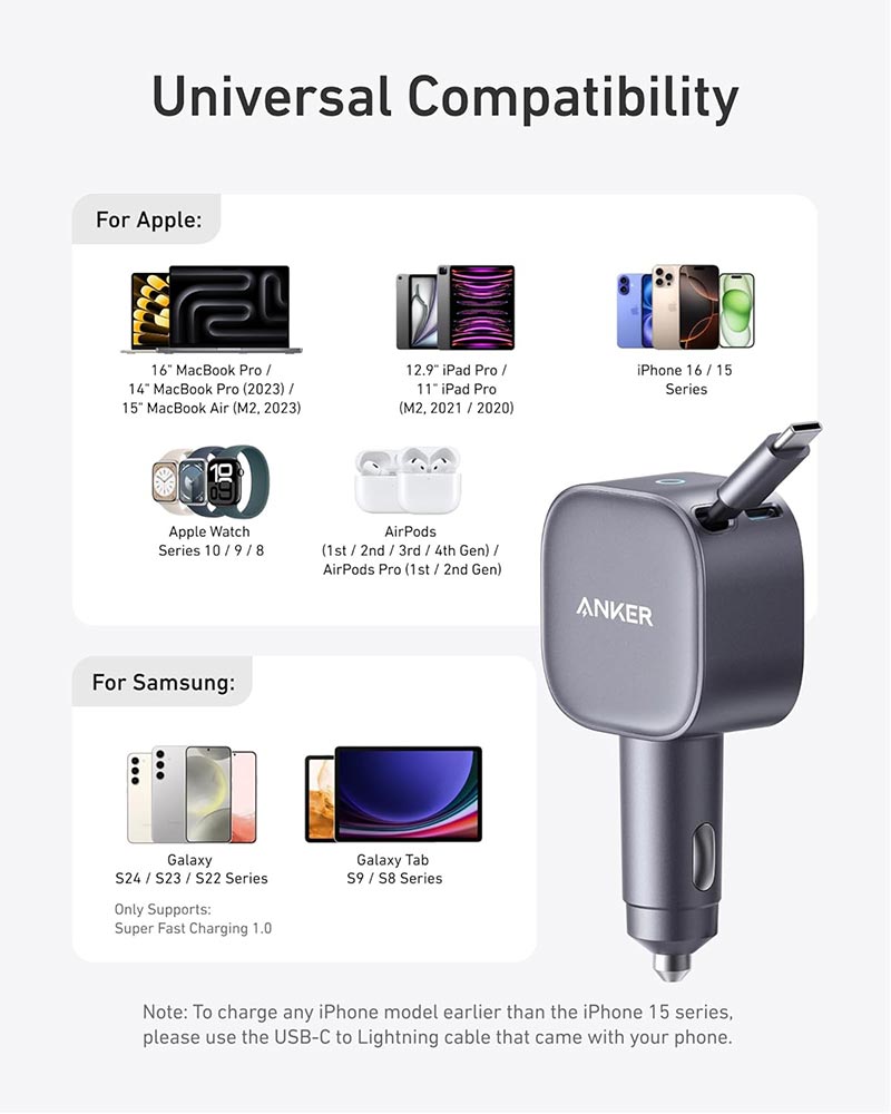 Anker Nano 75W Car Charger with Retractable USB-C Cable A2738HA2 Black
