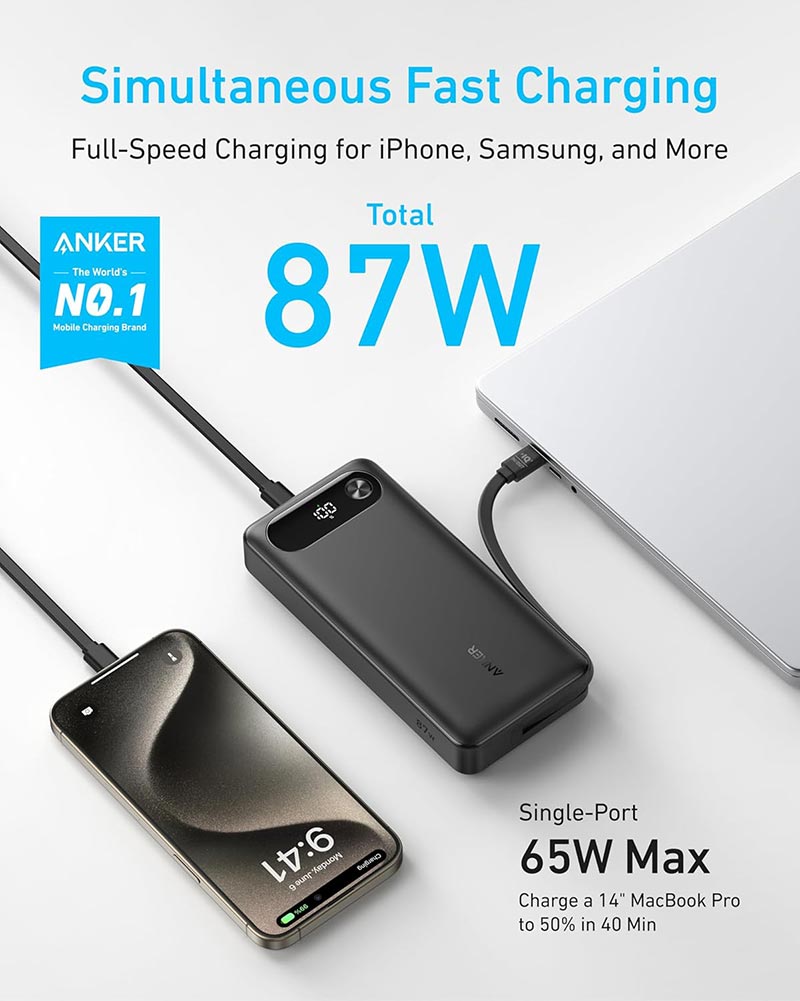 Anker 20,000mAh 87W Power Bank with Built-in USB-C Cable A1383H11 Black