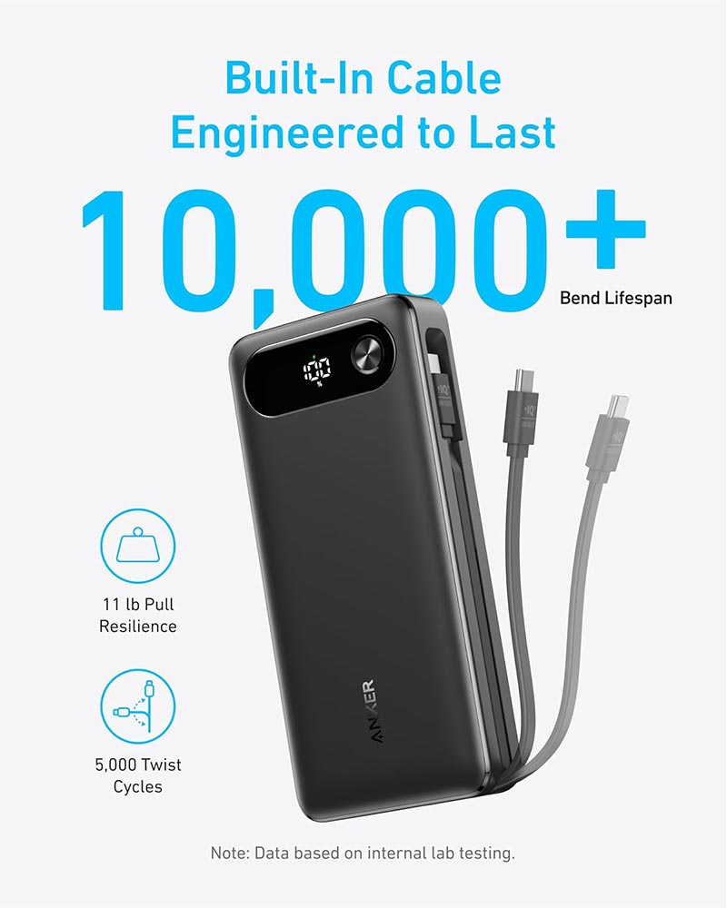 Anker 20,000mAh 87W Power Bank with Built-in USB-C Cable A1383H11 Black