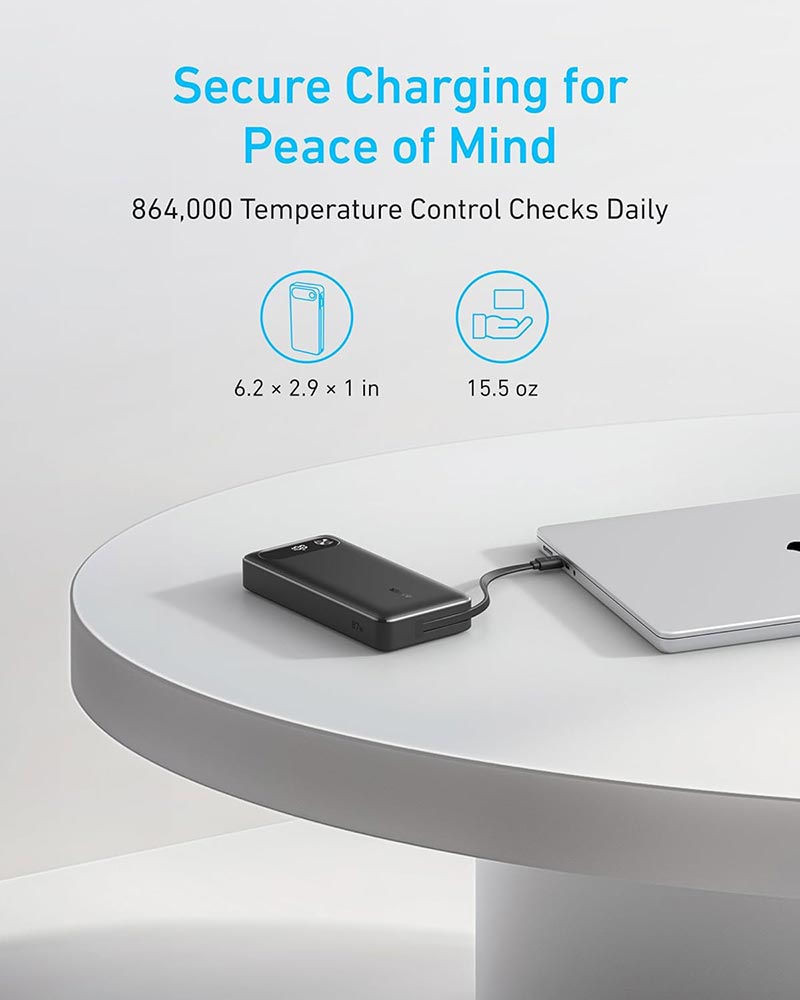 Anker 20,000mAh 87W Power Bank with Built-in USB-C Cable A1383H11 Black