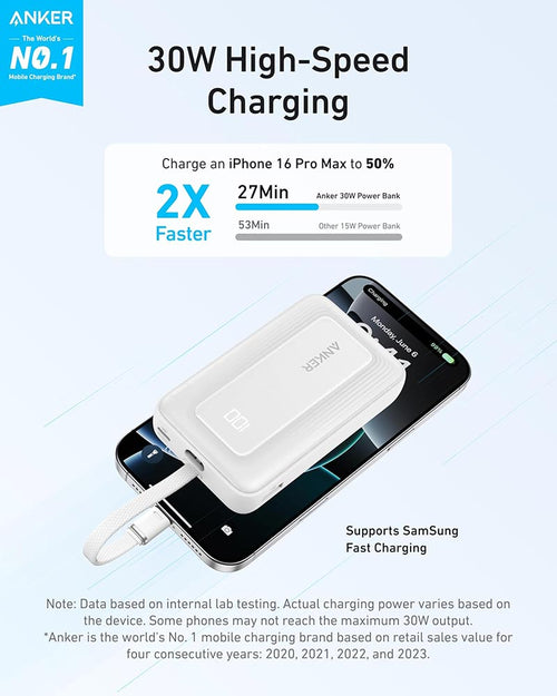 Anker Zolo 30W 10,000mAh Power Bank with Built-in USB-C Cable A1688H21 White