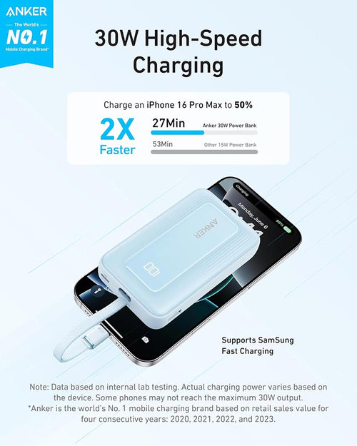 Anker Zolo 30W 10,000mAh High-Speed Power Bank with Built-in USB-C Cable A1688H31 Blue
