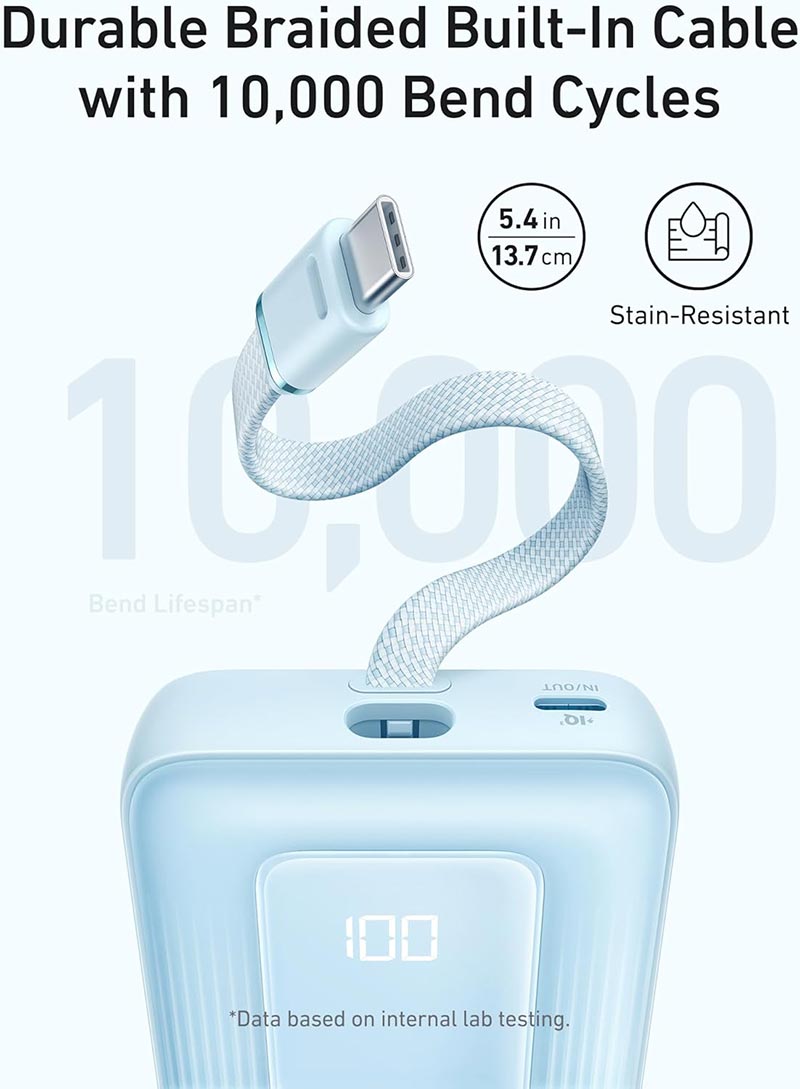 Anker Zolo 30W 10,000mAh High-Speed Power Bank with Built-in USB-C Cable A1688H31 Blue