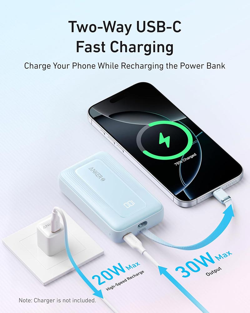 Anker Zolo 30W 10,000mAh High-Speed Power Bank with Built-in USB-C Cable A1688H31 Blue