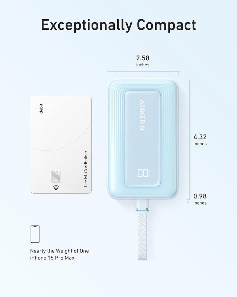 Anker Zolo 30W 10,000mAh High-Speed Power Bank with Built-in USB-C Cable A1688H31 Blue