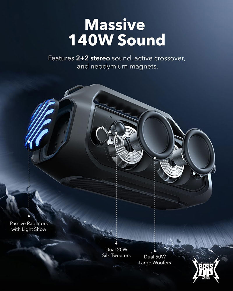 Soundcore by Anker Boom 2 Plus 140W Wireless Outdoor Bluetooth Speaker A3134011 Phantom Black