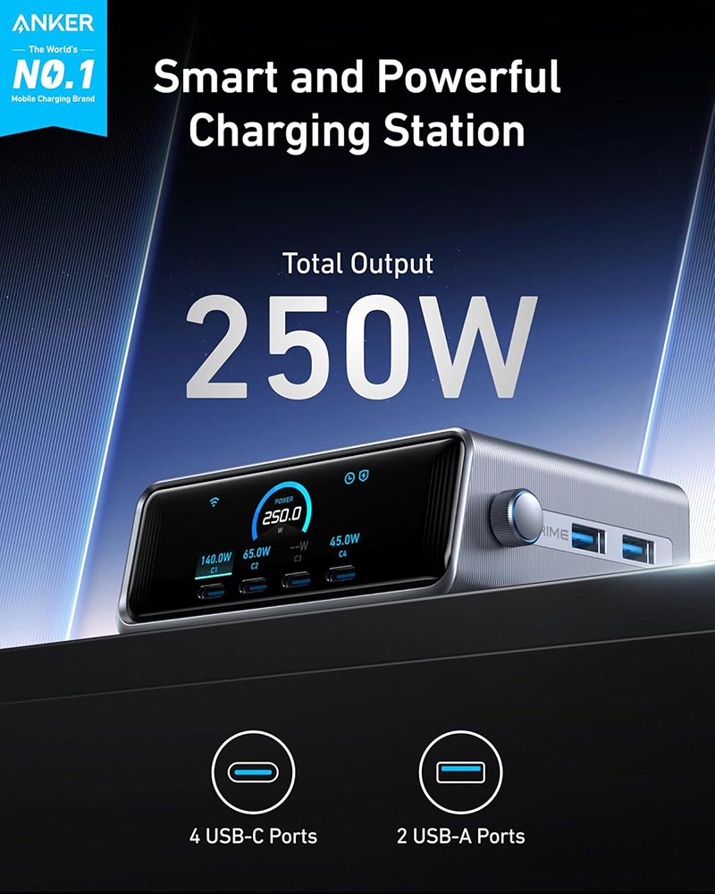Anker Prime Desktop Charging Station 250W 6-Port GaNPrime A2345241 Black