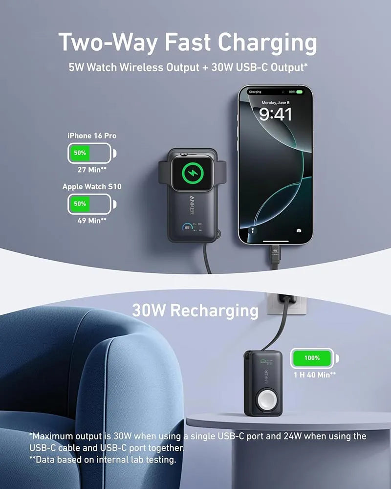 Anker MagGo 10,000mAh 35W Magnetic Power Bank with Apple Watch Charger A1657H11 Black