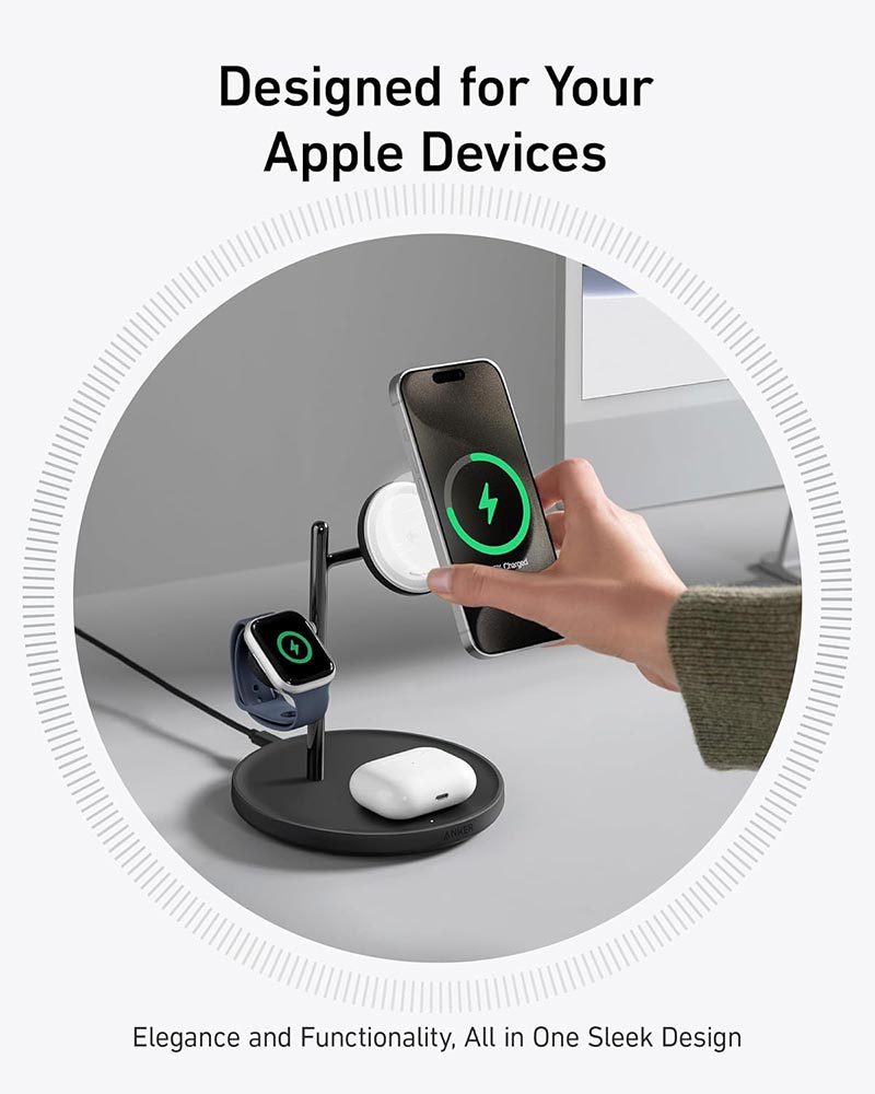 Anker MagGo 15W Qi2 3-in-1 Wireless Charging Station with 40W USB-C Charger B25M3V11 Black