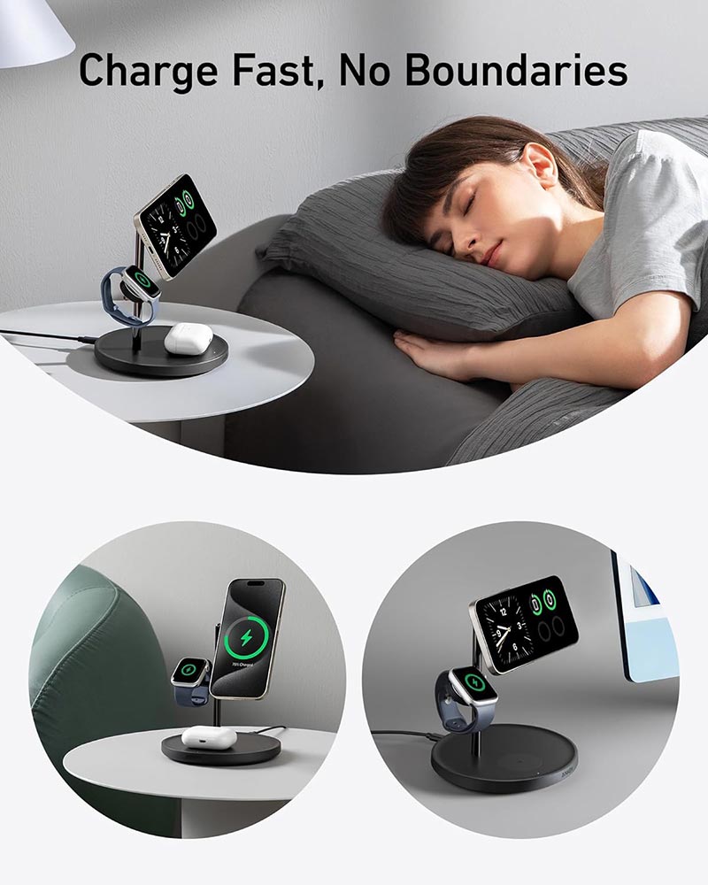 Anker MagGo 15W Qi2 3-in-1 Wireless Charging Station with 40W USB-C Charger B25M3V11 Black