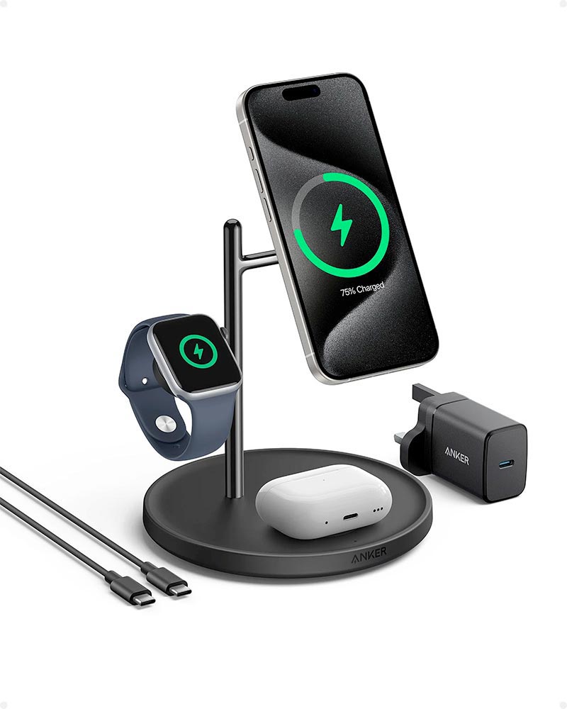 Anker MagGo 15W Qi2 3-in-1 Wireless Charging Station with 40W USB-C Charger B25M3V11 Black