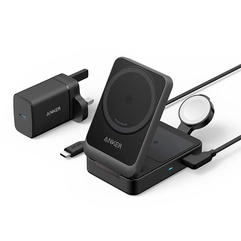 Anker MagGo 15W Qi2 3-in-1 Foldable Wireless Charging Station with 40W Charger and 5ft Cable B2557211 Black
