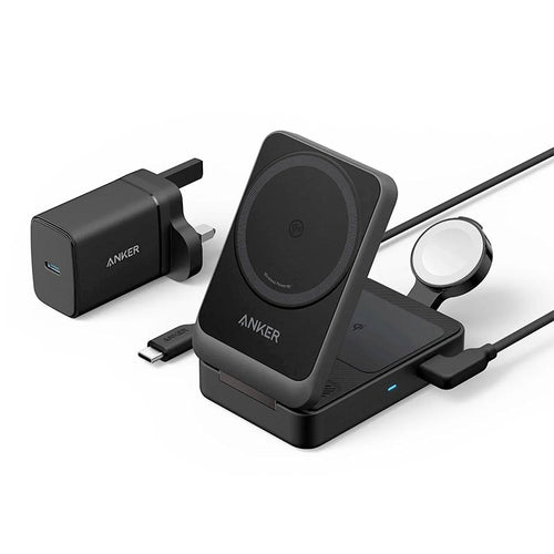 Anker MagGo 15W Qi2 3-in-1 Foldable Wireless Charging Station with 40W Charger and 5ft Cable B2557211 Black