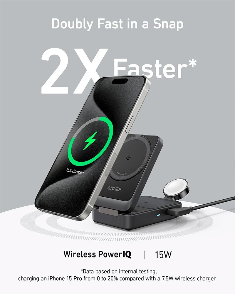 Anker MagGo 15W Qi2 3-in-1 Foldable Wireless Charging Station with 40W Charger and 5ft Cable B2557211 Black