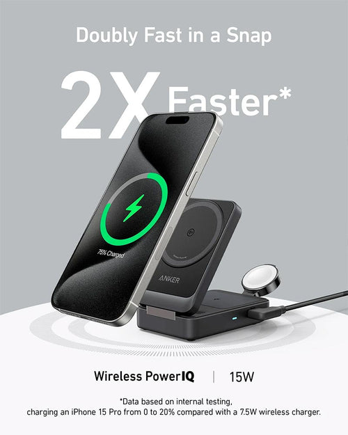 Anker MagGo 15W Qi2 3-in-1 Foldable Wireless Charging Station with 40W Charger and 5ft Cable B2557211 Black