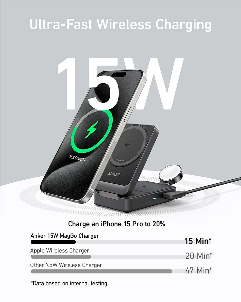 Anker MagGo 15W Qi2 3-in-1 Foldable Wireless Charging Station with 40W Charger and 5ft Cable B2557211 Black