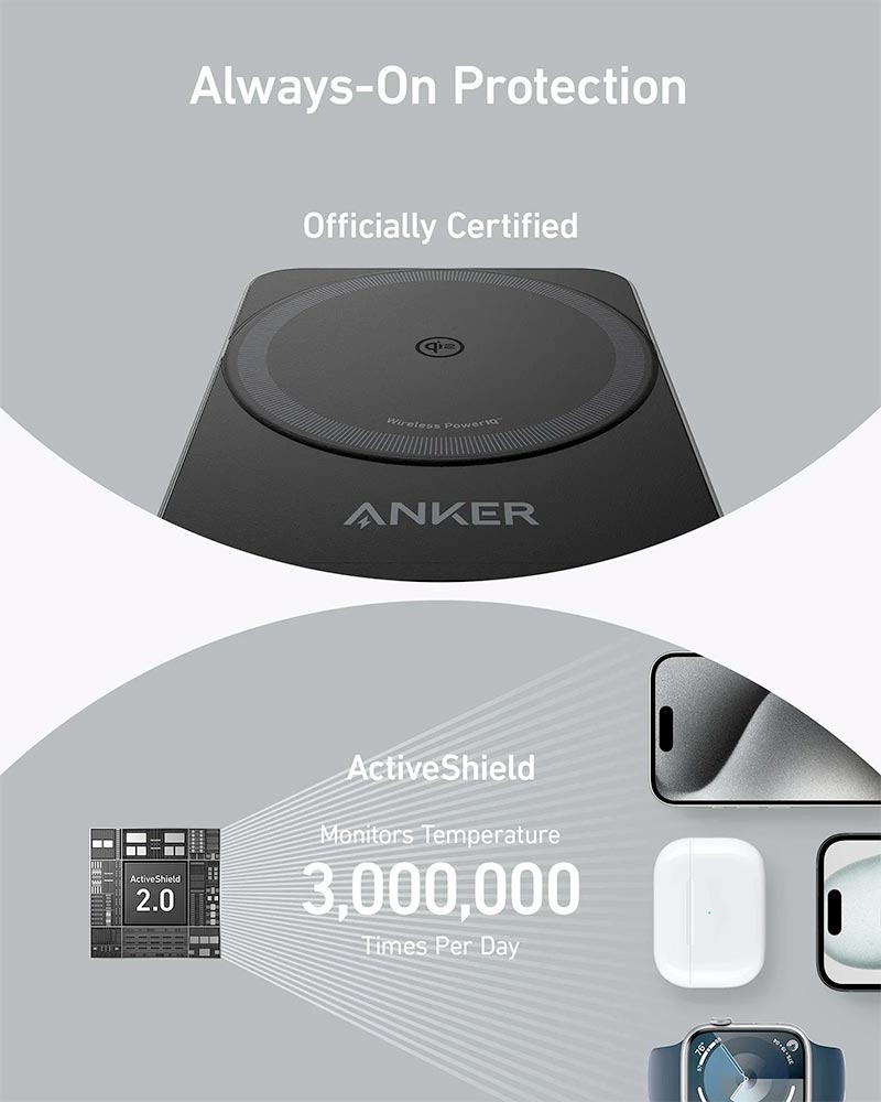 Anker MagGo 15W Qi2 3-in-1 Foldable Wireless Charging Station with 40W Charger and 5ft Cable B2557211 Black