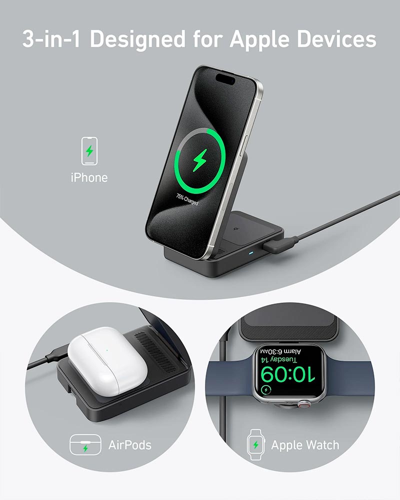 Anker MagGo 15W Qi2 3-in-1 Foldable Wireless Charging Station with 40W Charger and 5ft Cable B2557211 Black
