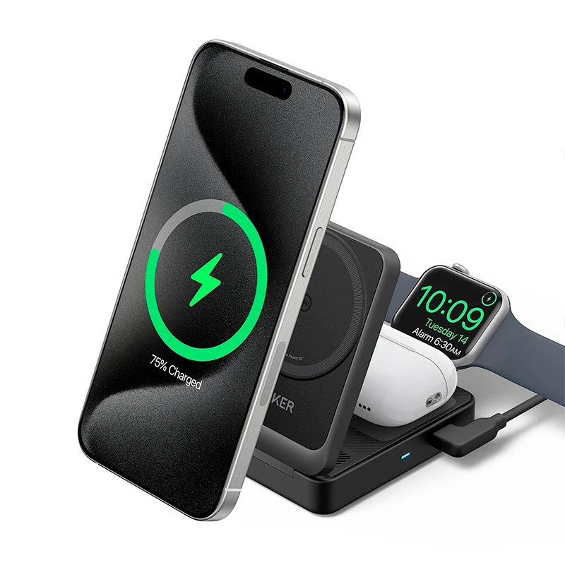 Anker MagGo 15W Qi2 3-in-1 Foldable Wireless Charging Station with 40W Charger and 5ft Cable B2557211 Black