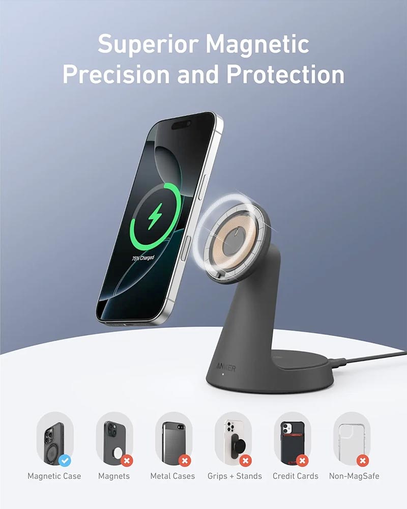 Anker MagGo 2-in-1 Wireless Charger Dock Stand A25M7H11 Black