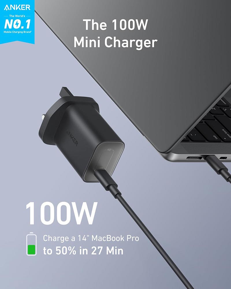 Anker Nano 100W USB-C Wall Charger with 6ft USB-C Cable B2679K11 Black